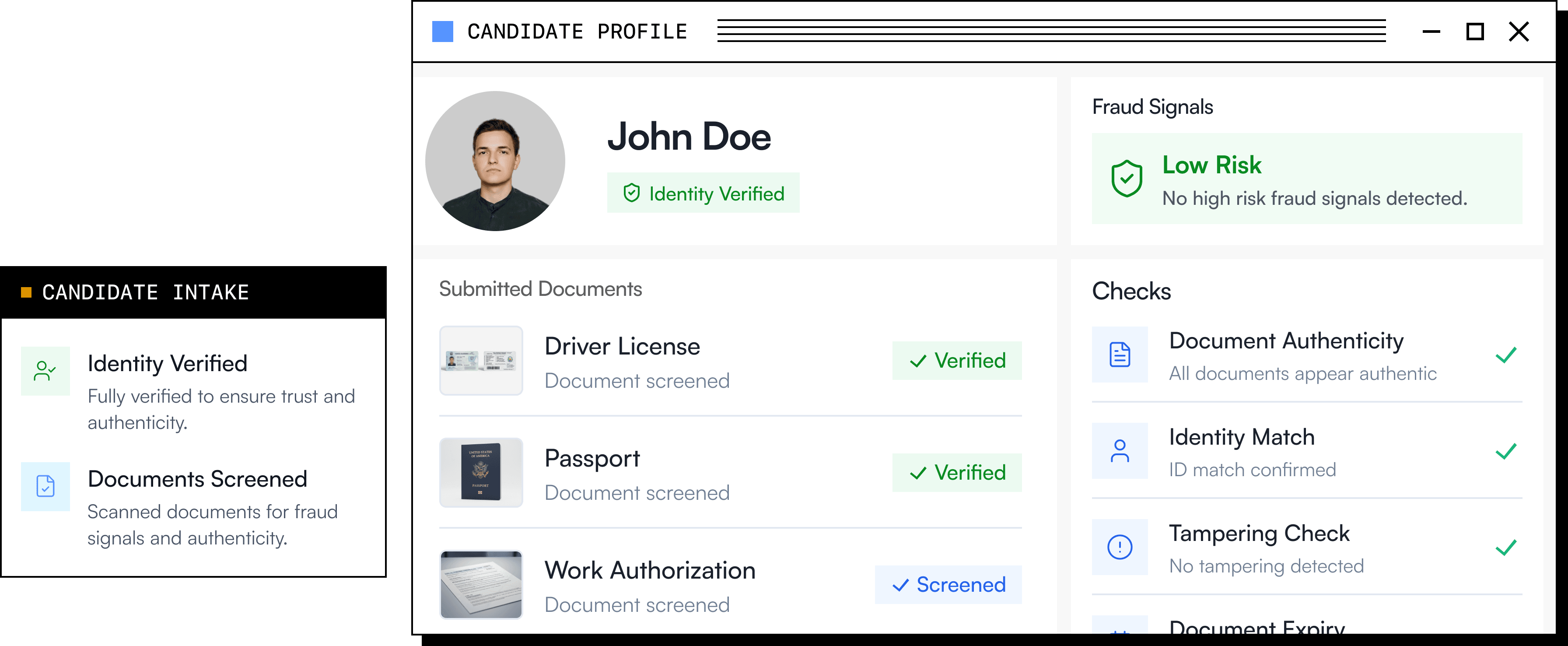 Candidate intake profile with identity and document verification results