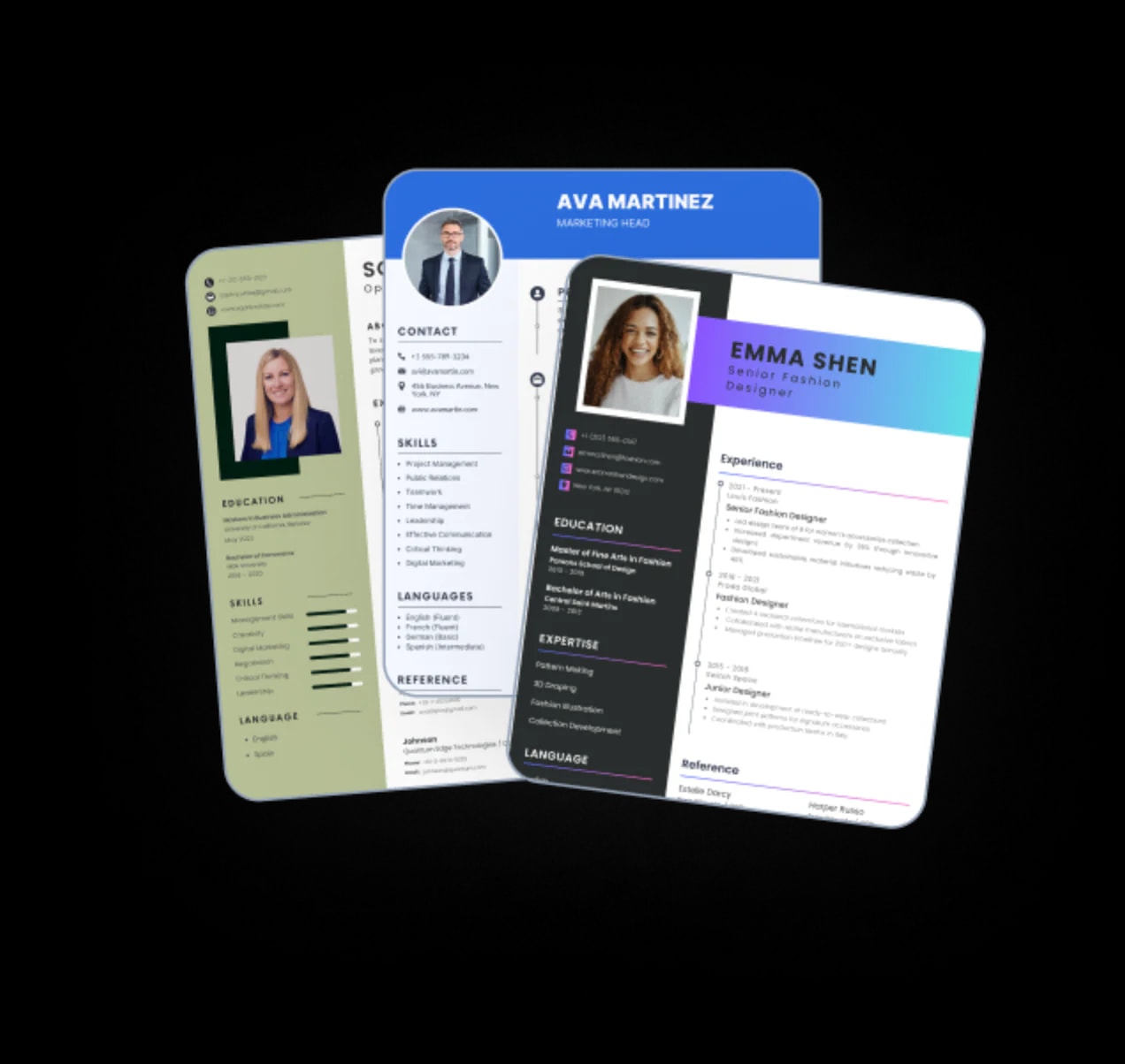 Three examples of professionally designed resume templates